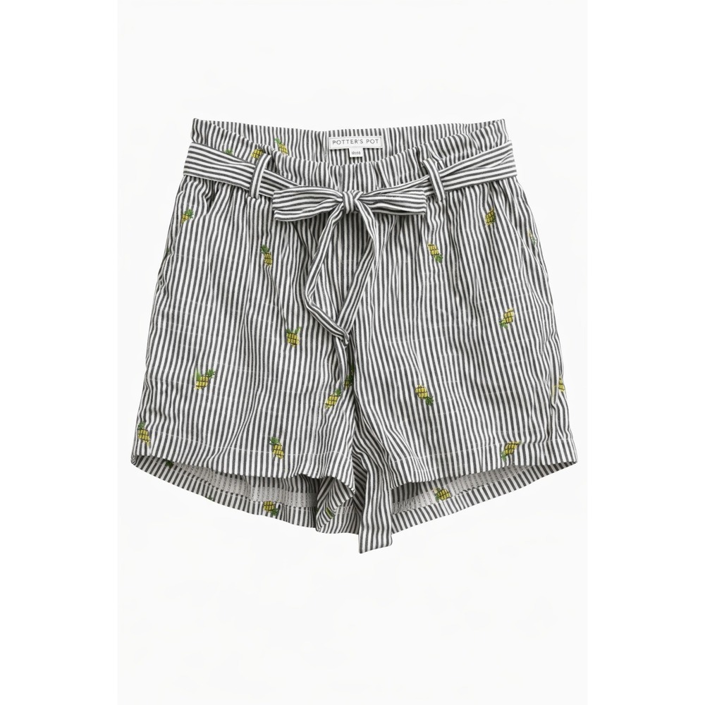 Potter's‎ Pot Shorts Women M Stripe Pineapple Embroidered Tie Waist Summer
